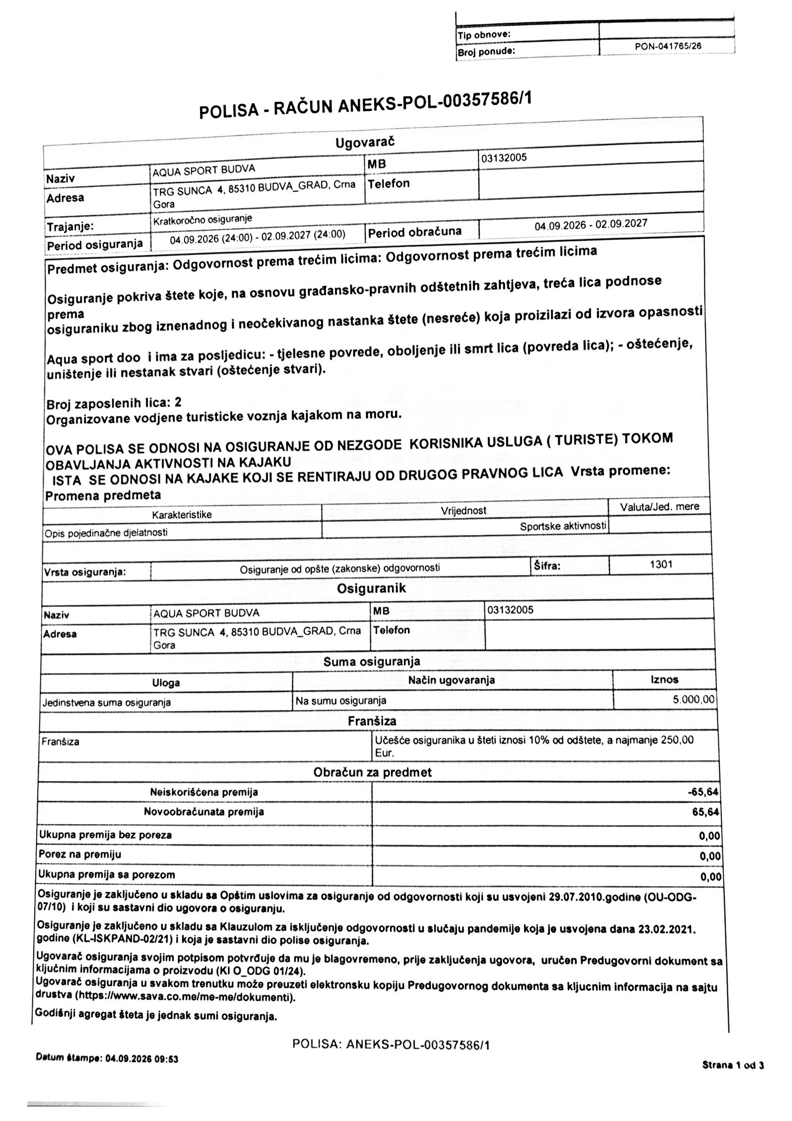 Insurance policy, page 1 of 3