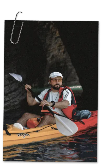 Guide Stepan Demchenko — in a kayak with a guest