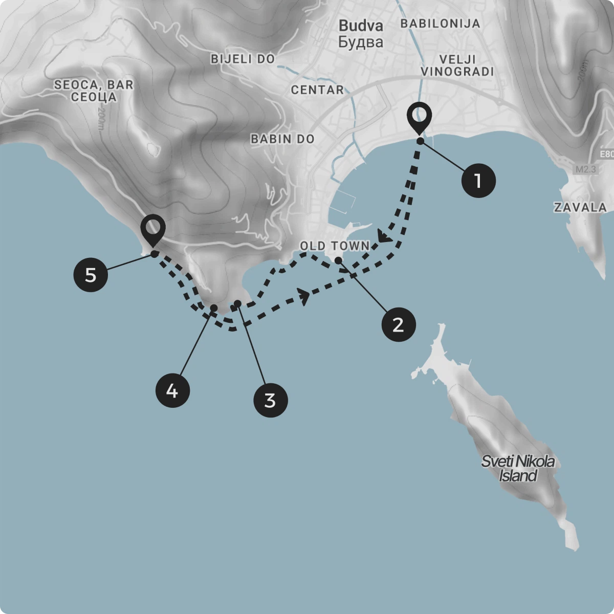 Navigation map showing Coastal Caves route along Budva’s shoreline with numbered waypoints and legend