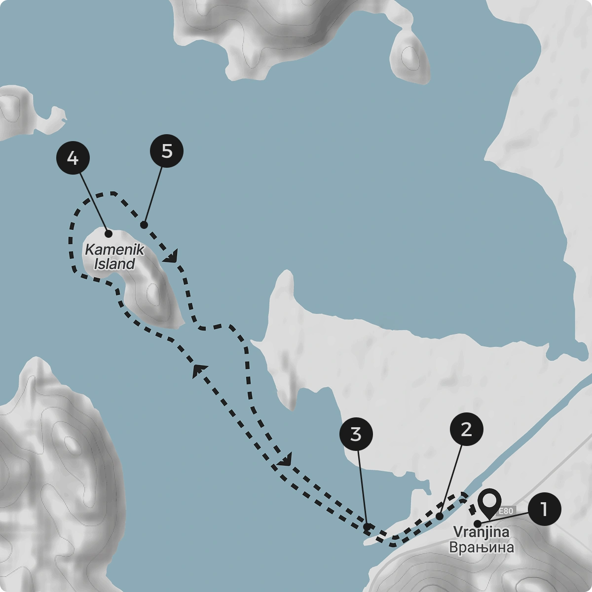 Navigation map of the Kamenik Island kayak route on Skadar Lake with numbered waypoints