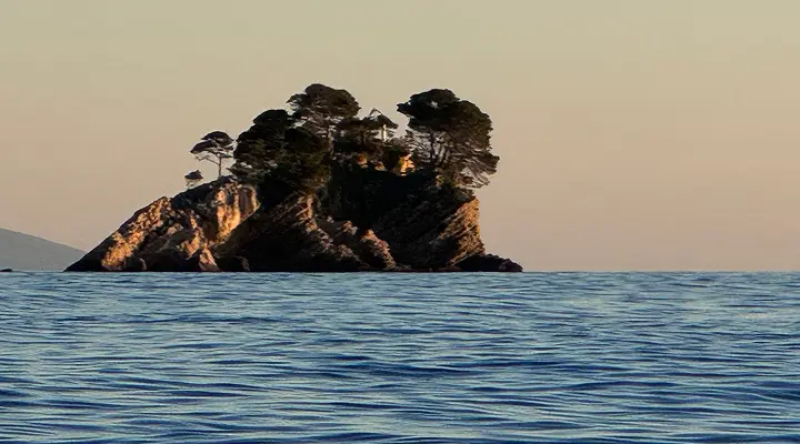 Rocky islet with pine trees above calm sea near Petrovac, Montenegro