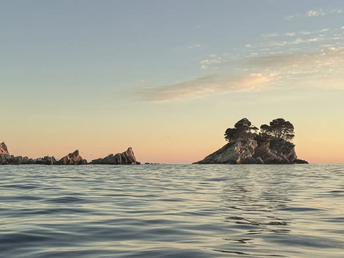 Small rocky island with pine trees rising from calm sea at sunset