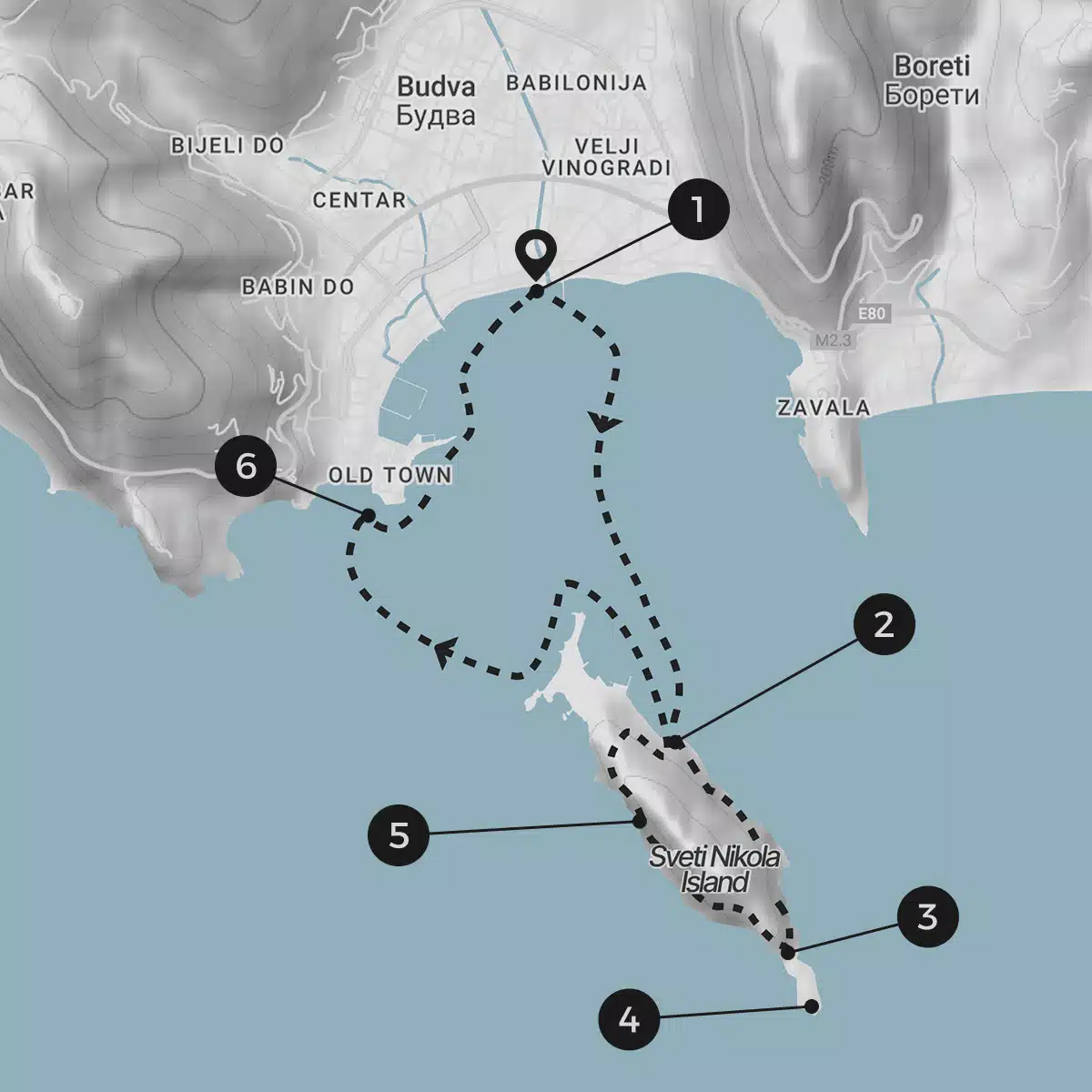 Navigation map of the Sveti Nikola Island hiking and kayaking route with numbered waypoints