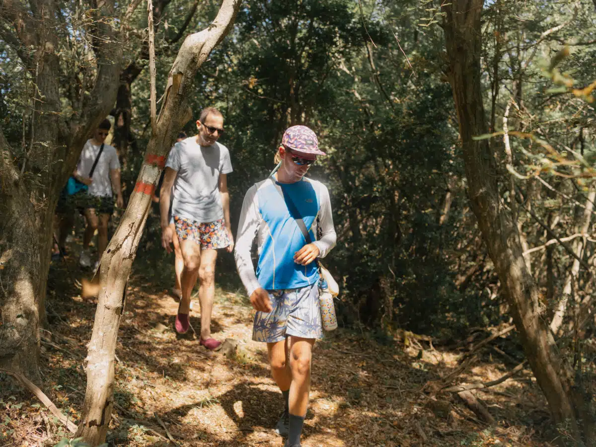 Group hiking through a shaded woodland section of the island trail