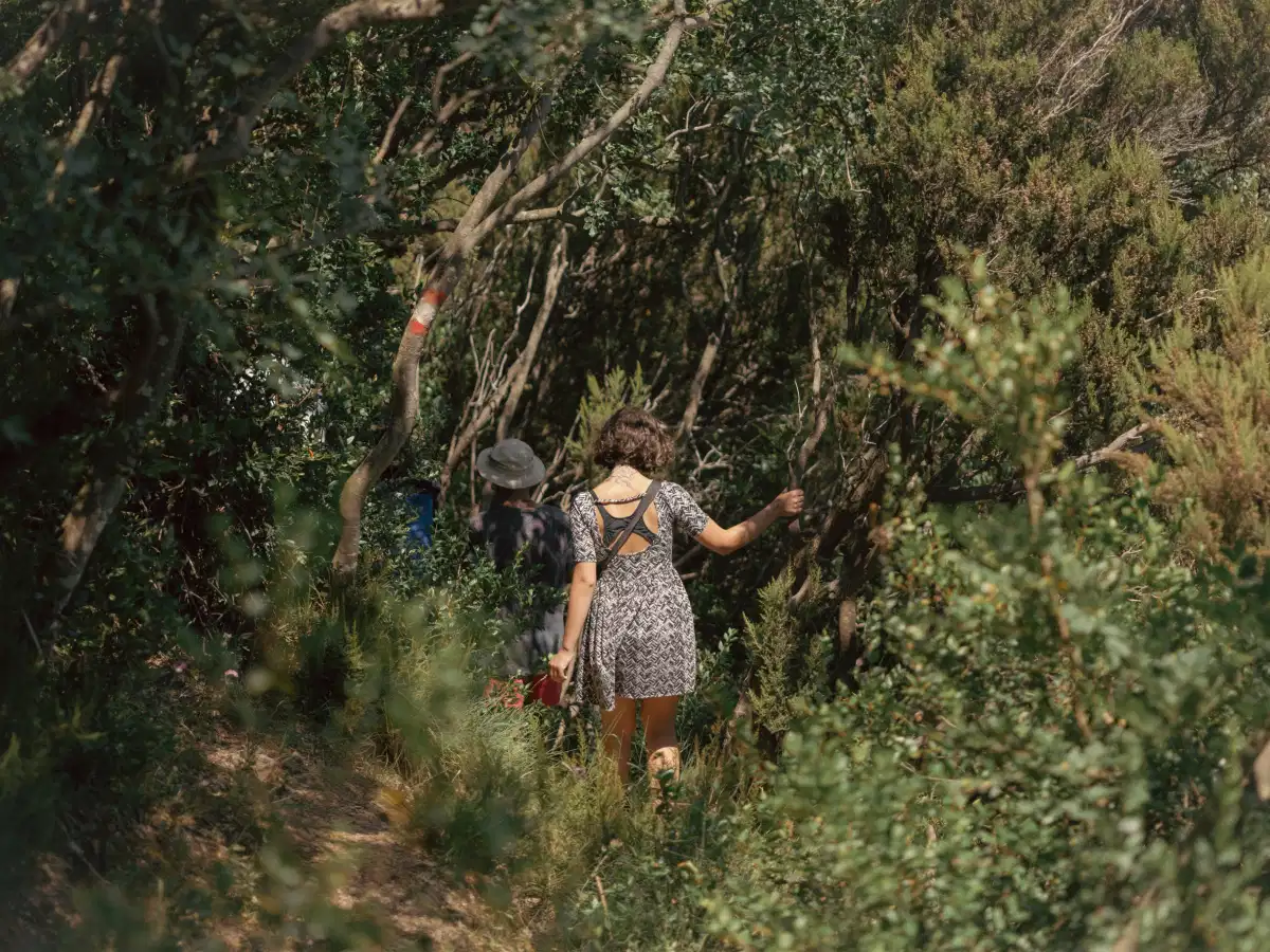 Hiker weaving through dense bushes on a narrow footpath
