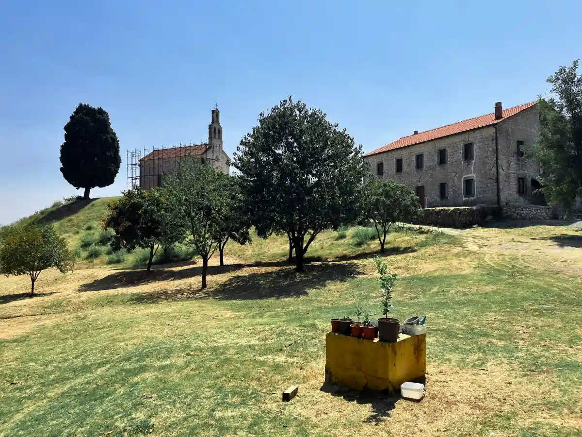 Vranjina Monastery grounds and stone buildings on Vranjina Island, Skadar Lake