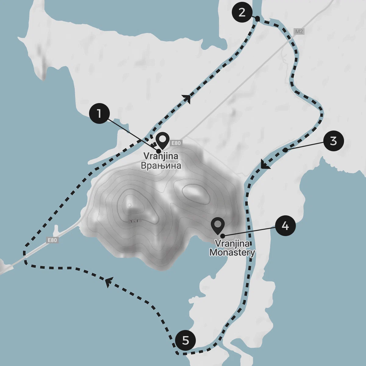 Navigation map showing Coastal vranjina route along Budva’s shoreline with numbered waypoints and legend