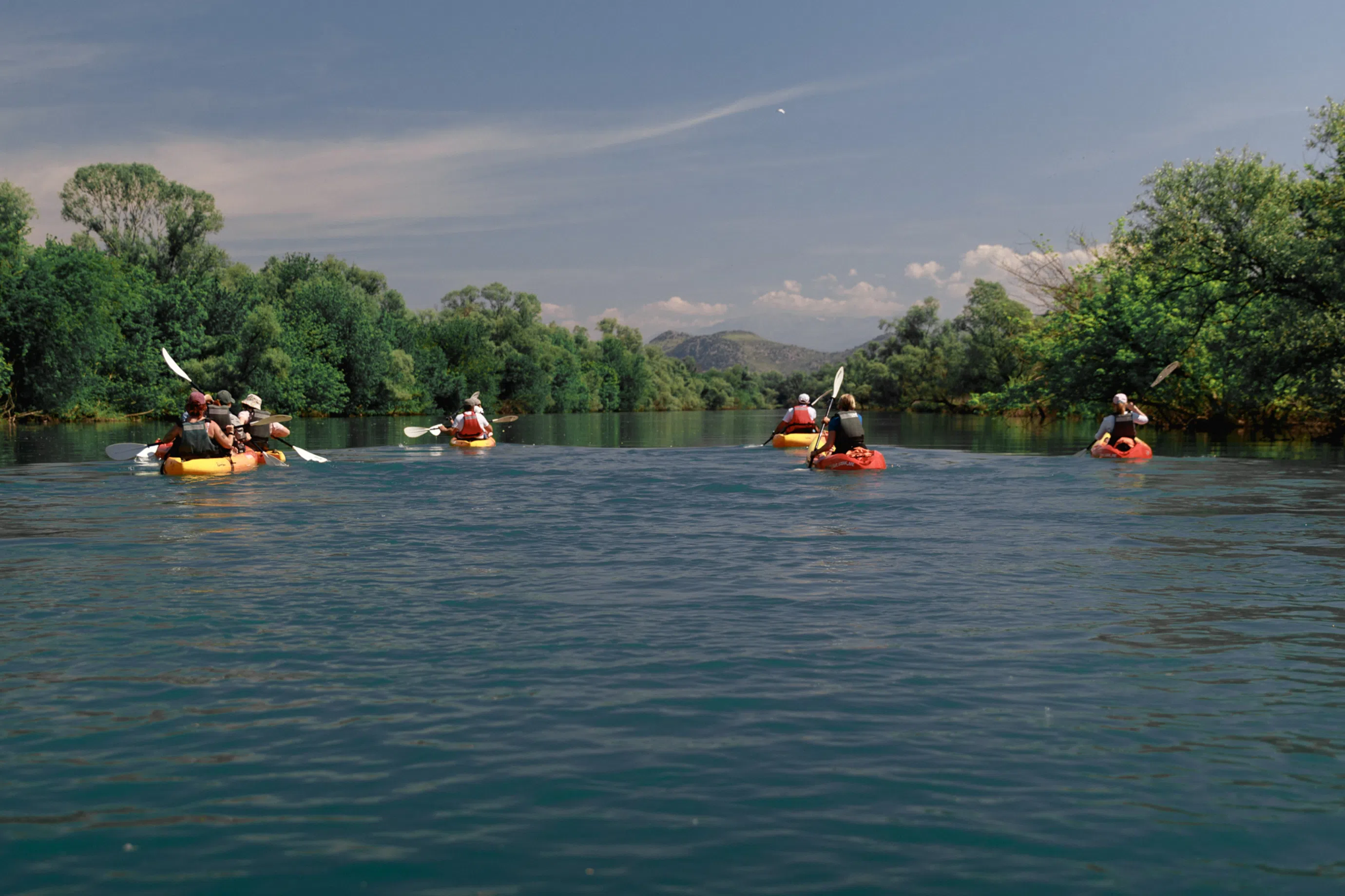 Line of kayakers paddling a broad tree-lined channel near Vranjina Island